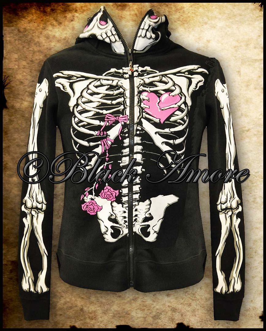 JAWBREAKER WOMENS BLACK RIBCAGE SKELETON HEART SKULL MASK ZIP HOODIE